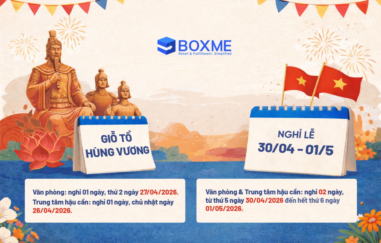 THÔNG BÁO: LỊCH NGHỈ LỄ GIỖ TỔ HÙNG VƯƠNG, GIẢI PHÓNG MIỀN NAM 30/04 & QUỐC TẾ LAO ĐỘNG 01/05