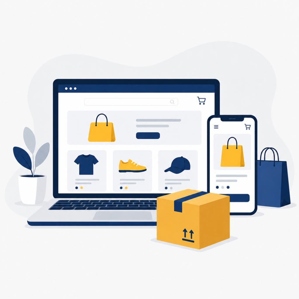 ภาพธุรกิจ E-commerce และร้านค้าออนไลน์ พร้อมกล่องพัสดุสำหรับจัดส่งสินค้า