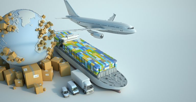 3D  rendering of the Earth surrounded by cardboard boxes, a cargo container ship, a flying plain, a car, a van and a truck
