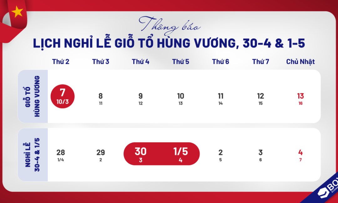 THÔNG BÁO LỊCH NGHỈ LỄ GIỖ TỔ HÙNG VƯƠNG VÀ NGHỈ LỄ 30/4 – 1/5/2025